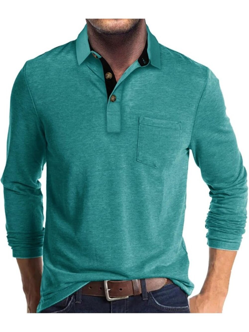 Men's Light Green Casual Long Sleeve Polo Shirts Classic Button Cotton Stylish